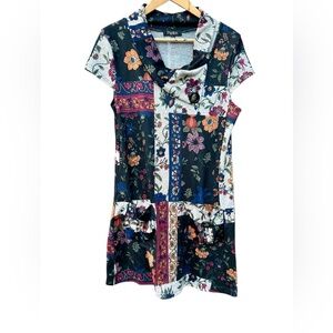 Papillon Cowl Neck Dress Patchwork Pockets Sz. Large Navy
